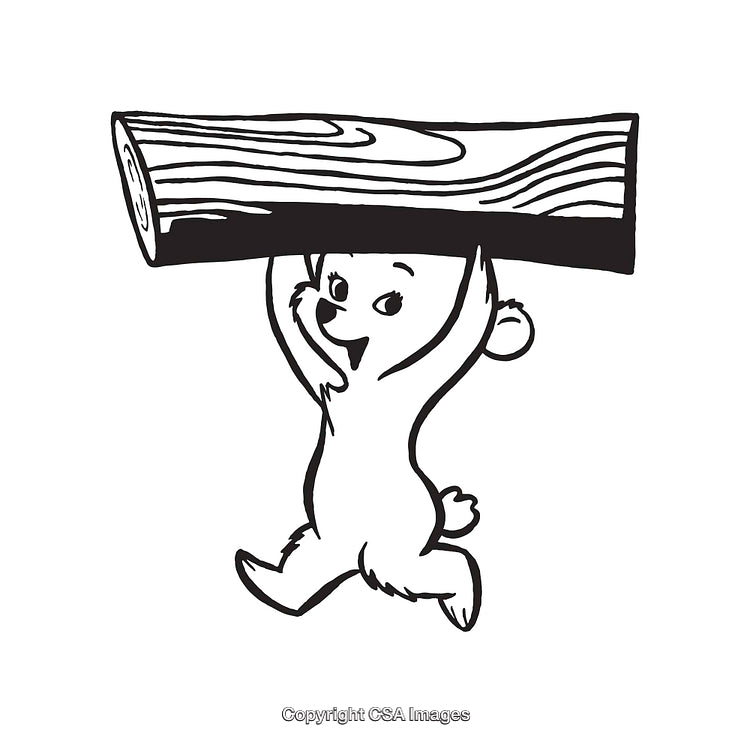Cute Bear Carrying a Wooden Log in Black and White Line Art
