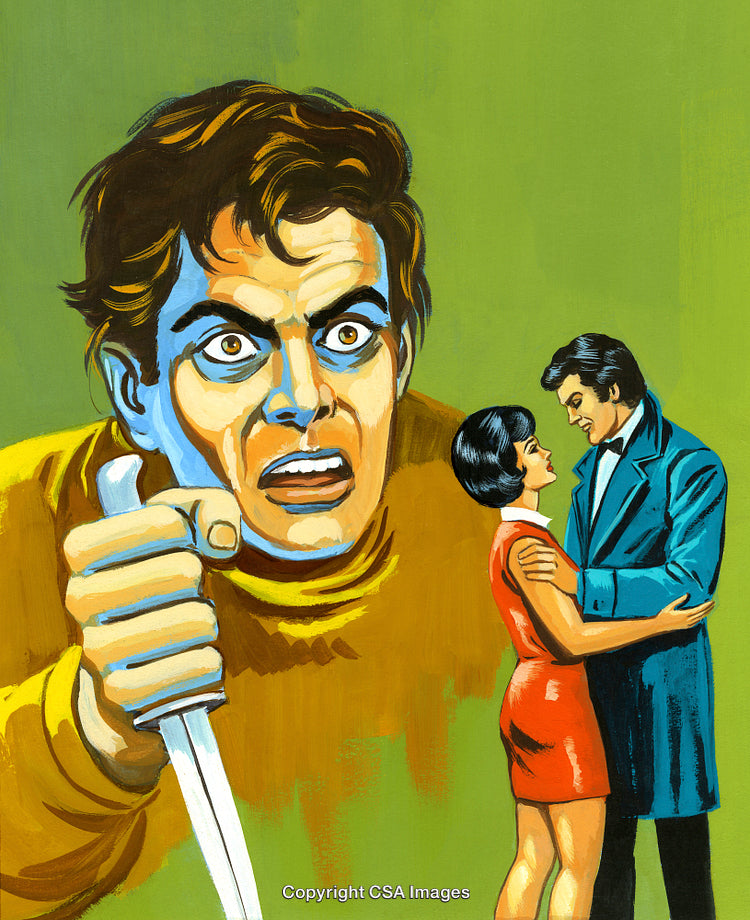 Dramatic Illustration Depicting Suspense, Jealousy, and Tension in Vibrant Colors