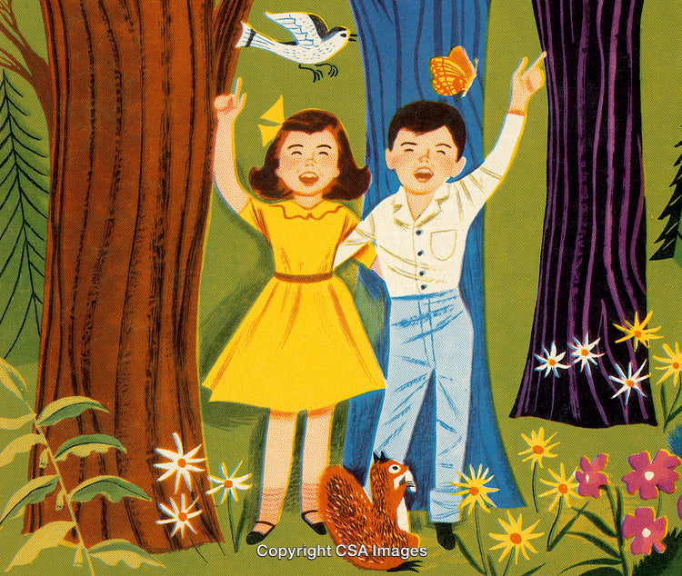 Cheerful Children Exploring Nature in a Colorful Forest Setting