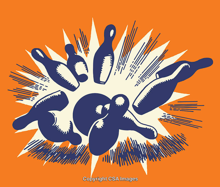 Retro Bowling Illustration Featuring Striking Pins and Ball on Orange Background