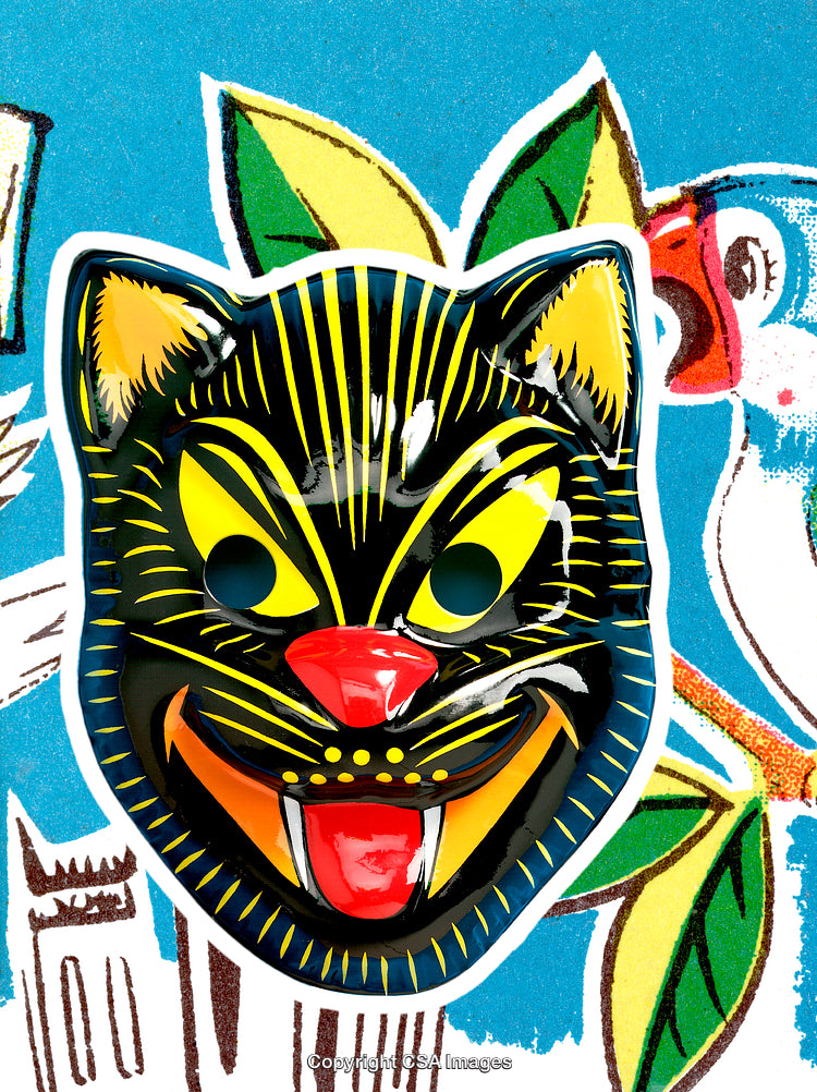 Vivid Illustration of a Colorful Black Cat Mask with Tropical Details