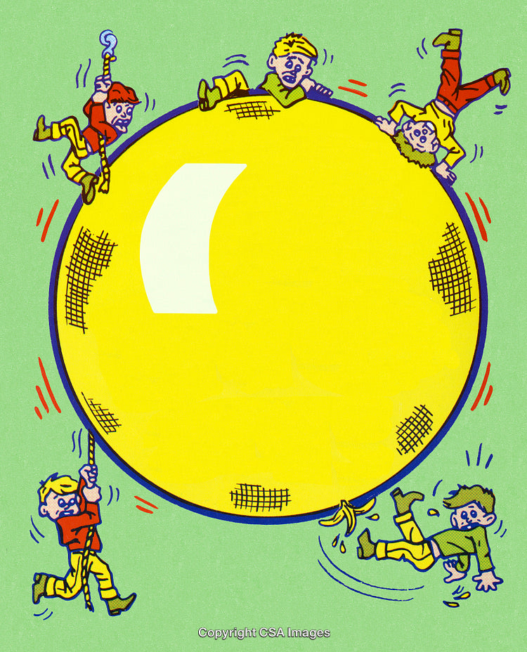 Group of Cartoon Children Balancing Around a Giant Yellow Ball Illustration
