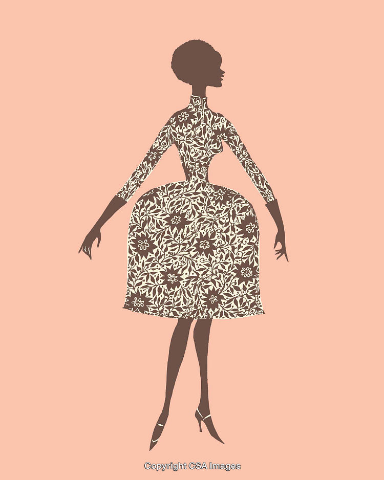 Elegant Silhouette Illustration of a Woman in a Floral Patterned Dress