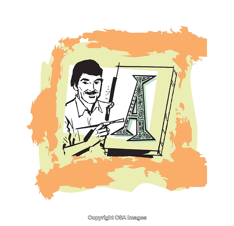 Illustration of a Designer Presenting a Decorative Lettering Art Piece