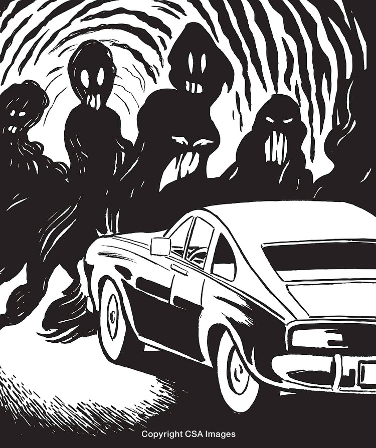 Black and White Illustration Depicting a Car Amidst Menacing Shadowy Figures