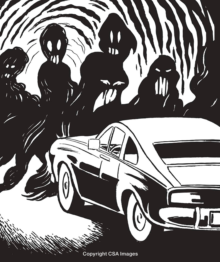Black and White Illustration Depicting a Car Amidst Menacing Shadowy Figures