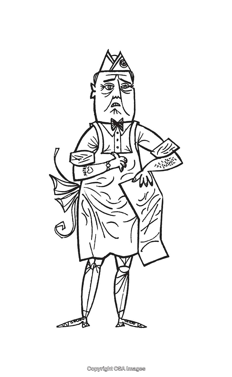 Black and White Line Art of a Character in Uniform with Apron