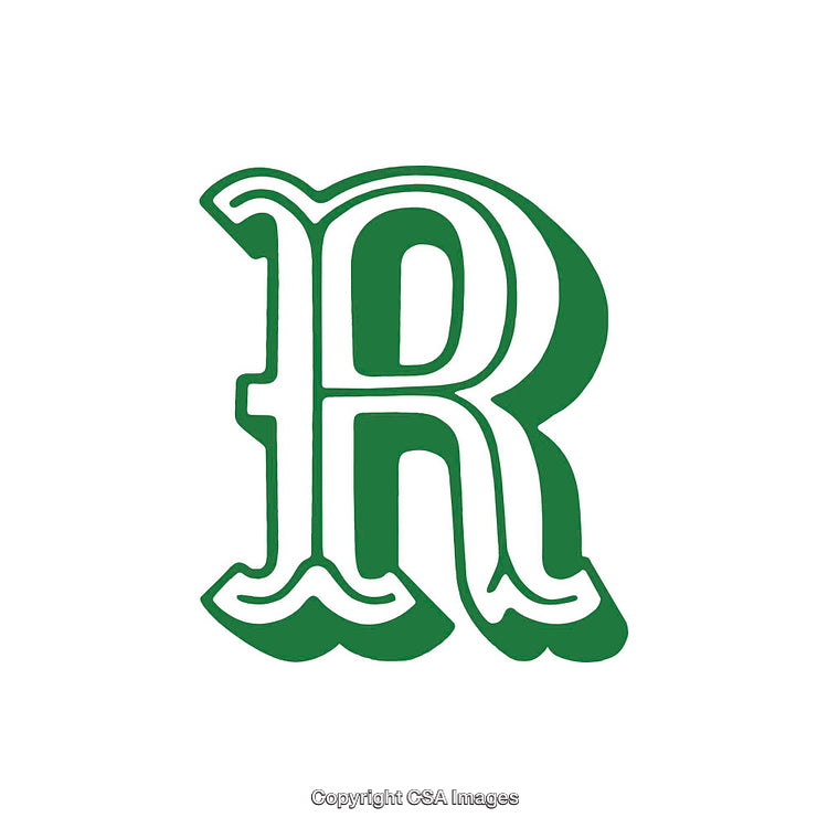 Artistic Green and White Letter R Design with Decorative Elements