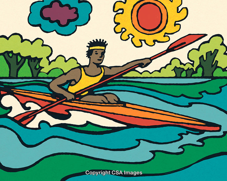 Colorful Illustration of a Kayaker on Vibrant River Under Bright Sunshine