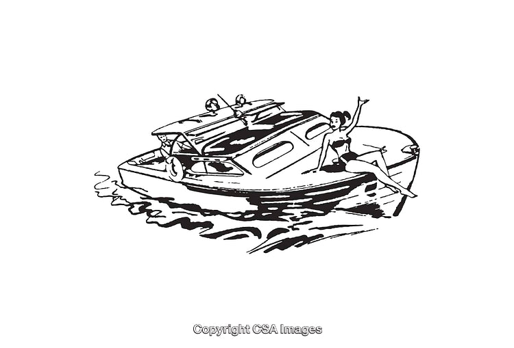 Retro Illustration of a Woman Relaxing on a Boat in the Ocean