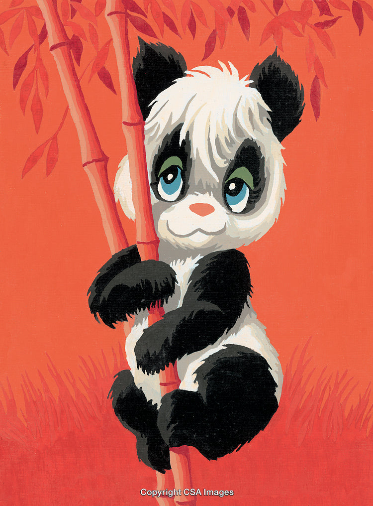 Adorable Panda Illustration Holding Bamboo Against Vibrant Red Background