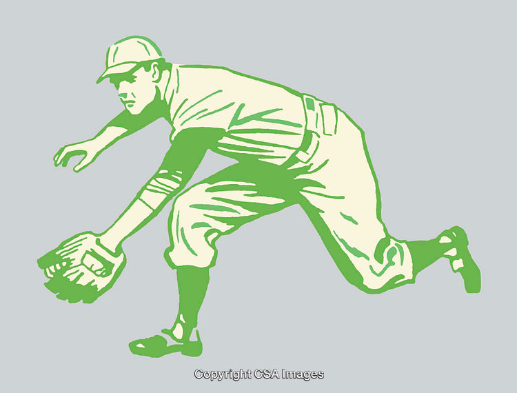 Vintage Green Line Art Illustration of a Baseball Player in Action