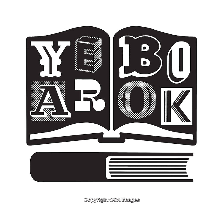 Black and White Illustration of a Yearbook with Stylized Text