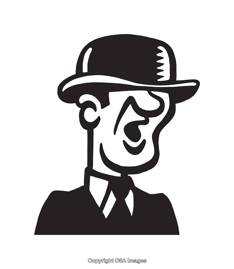 Black and White Line Art of a Smiling Man in Bowler Hat