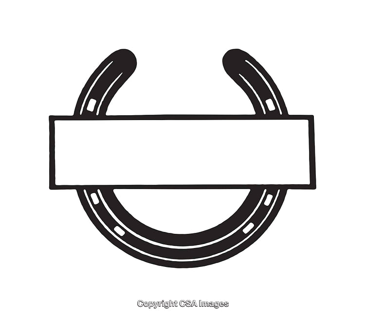 Black and White Horseshoe Illustration with Blank Text Ribbon Banner