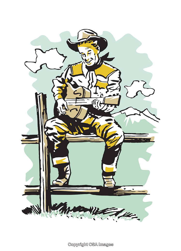 Colorful Illustration of a Cowboy Playing Guitar on a Fence