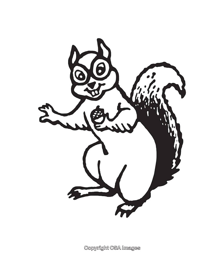 Black and White Line Art Illustration of a Squirrel Holding a Nut