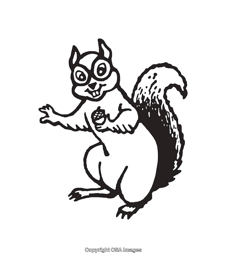 Black and White Line Art Illustration of a Squirrel Holding a Nut