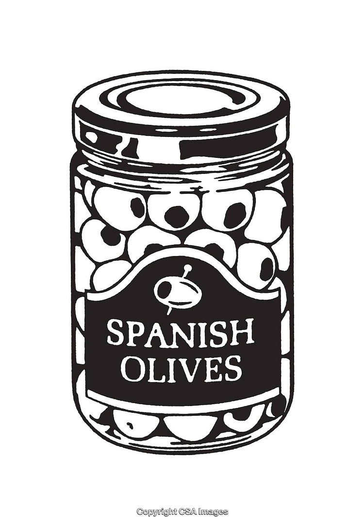 Black and White Line Art Illustration of Spanish Olives Jar