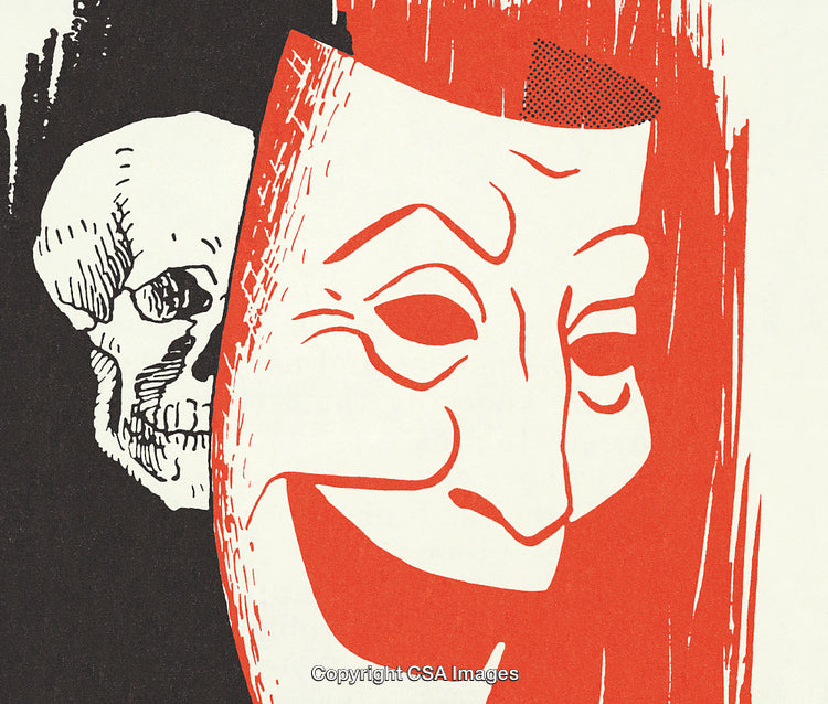 Artistic Representation of a Mask and Skull Symbolizing Life and Death
