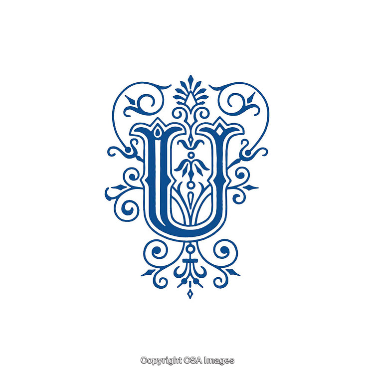 Blue Ornate Decorative Letter U Over White Background