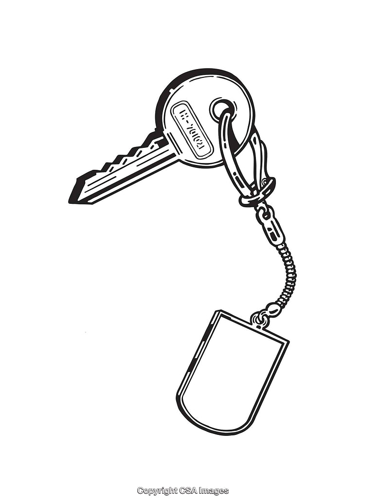 Monochrome Line Art of Key with Keychain and Dog Tag