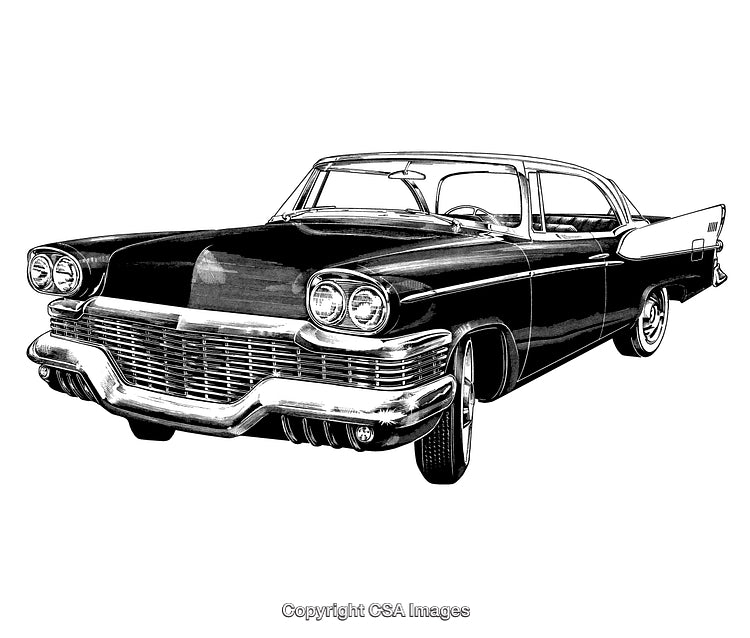Vintage Black and White Engraving of a Classic Car Front Perspective