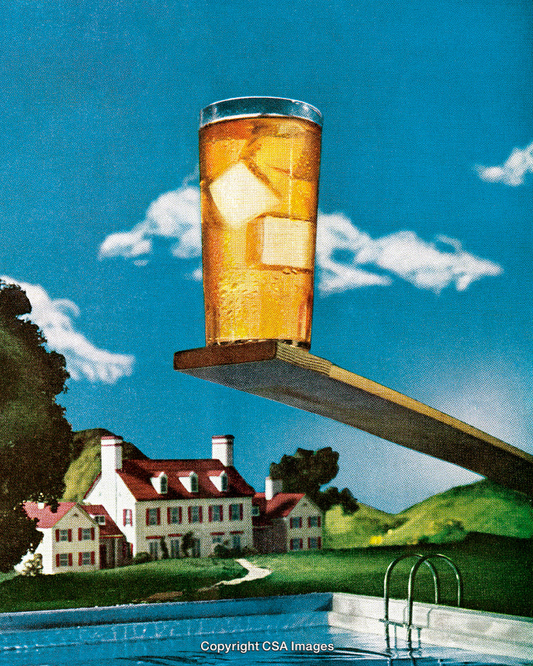 Refreshing Iced Tea on a Diving Board by a Scenic Country Poolside