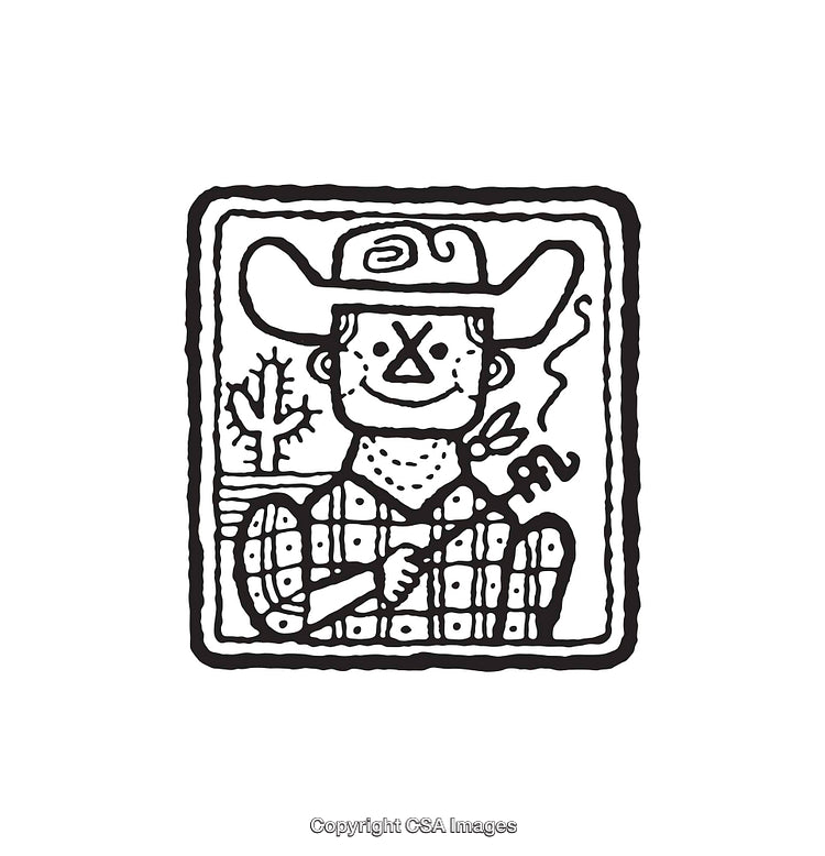 Black and White Illustration of a Cowboy with Ranch Scenes