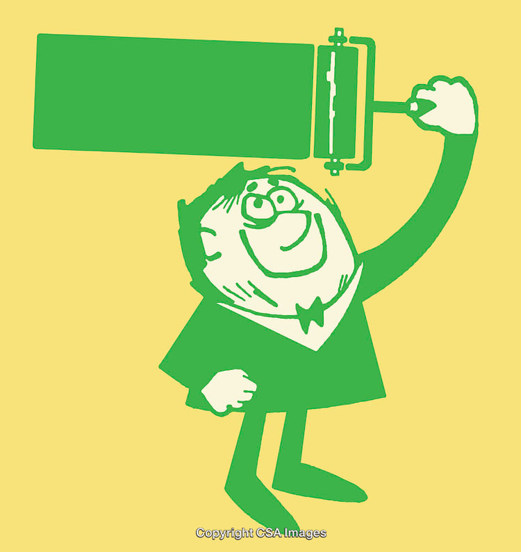 Retro Styled Graphic of a Smiling Business Character Holding a Large Green Panel