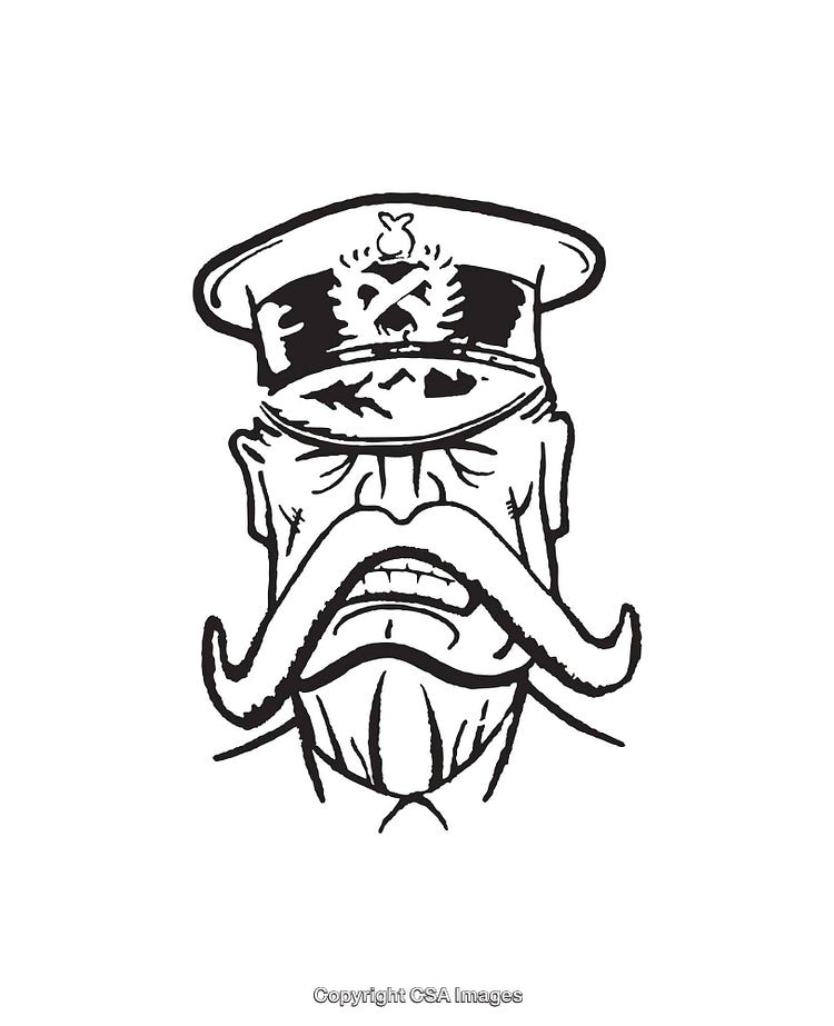 Black and White Line Art Illustration of a Stylized Mustached Officer