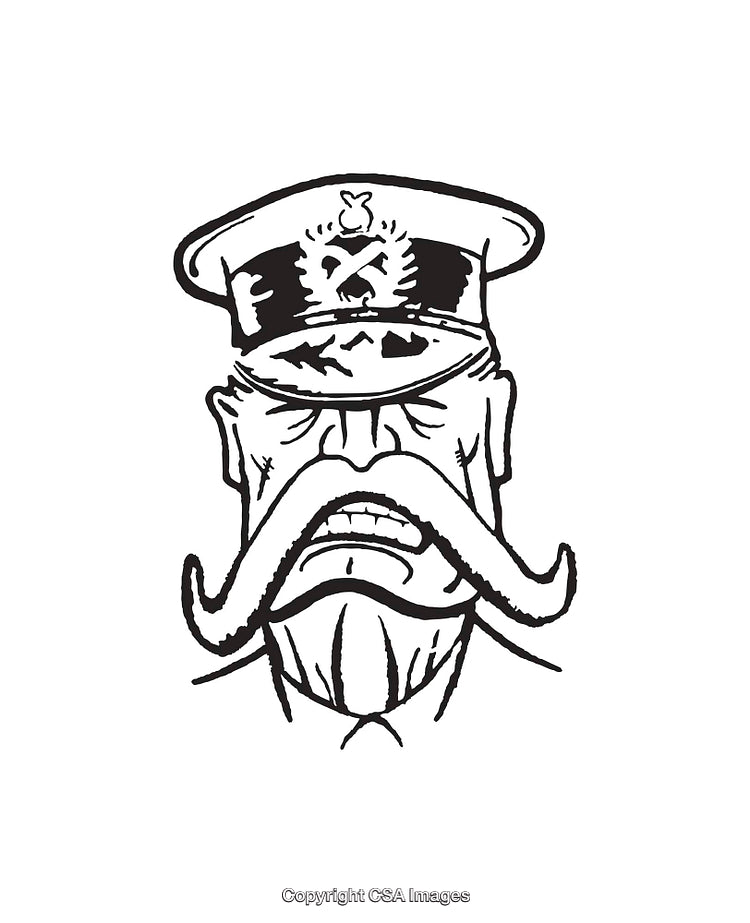 Black and White Line Art Illustration of a Stylized Mustached Officer