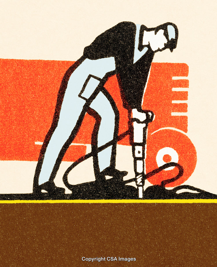 Illustration of Worker Using Jackhammer on Construction Site with Industrial Setting