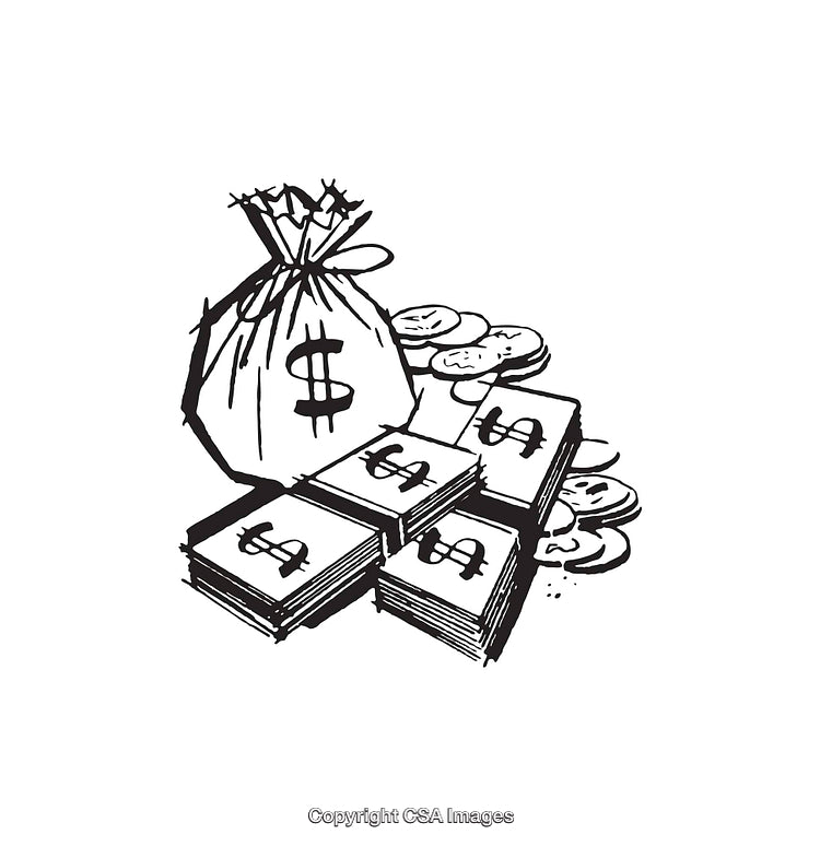 Black And White Illustration of Stacked Cash and a Money Bag