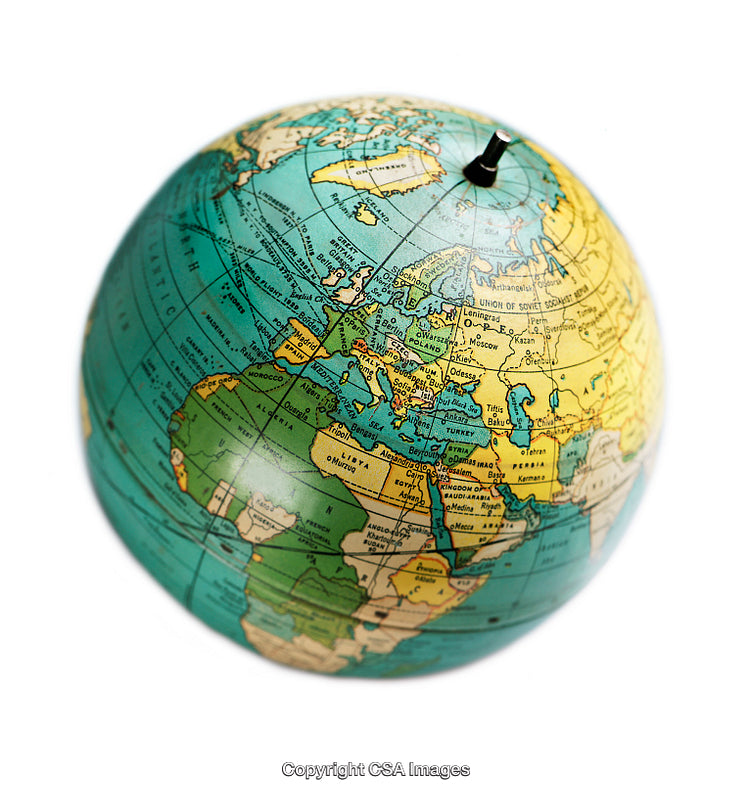 Vintage Globe Displaying World Map Focused on Europe, Africa, and Asia