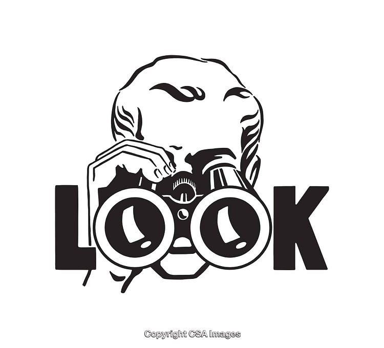 Black and White Illustration of Person Observing With Binoculars