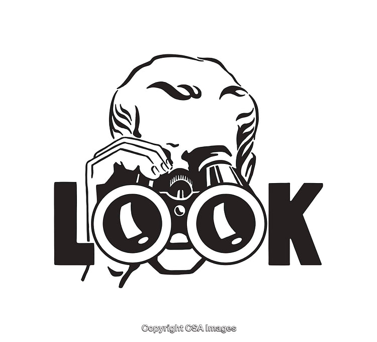 Black and White Illustration of Person Observing With Binoculars