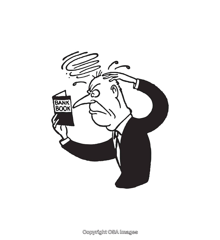 Confused Man Holding Bank Book in Black and White Illustration
