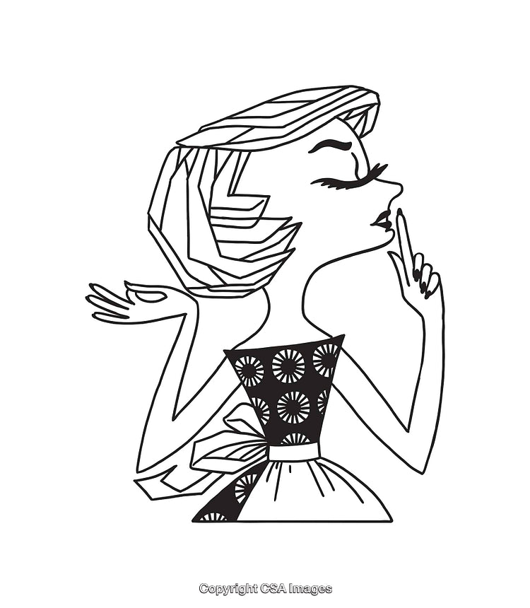 Black and White Stylized Woman in Vintage Dress and Retro Pose Illustration
