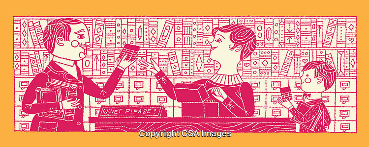 Colorful Library Scene with Characters and Bookshelves in Line Art Style