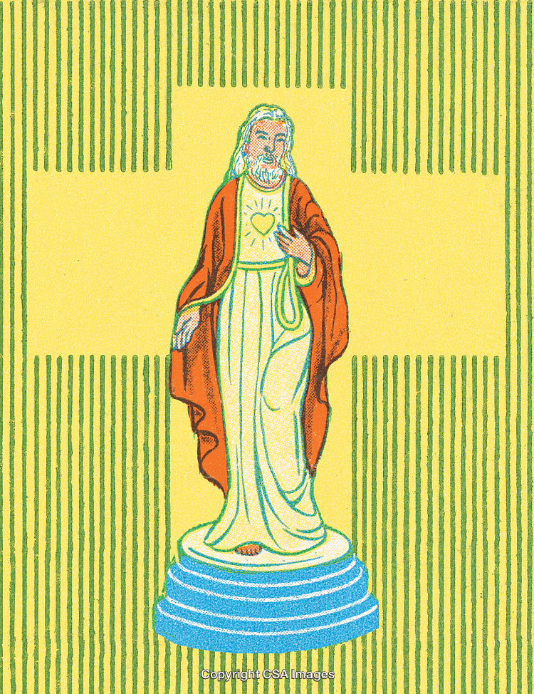 Statue Depicting Sacred Heart With Retro Religious Symbolism in Yellow Background