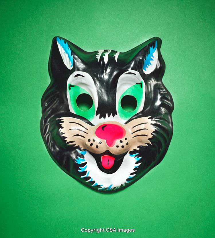 Colorful Cat Mask on Vibrant Green Background Viewed Frontally
