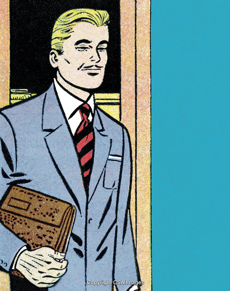 Retro Comic Illustration of Smiling Man in Suit Carrying Briefcase