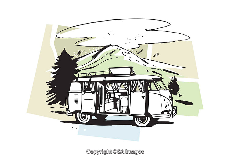 Vintage Camper Van Illustration with Scenic Mountain Landscape