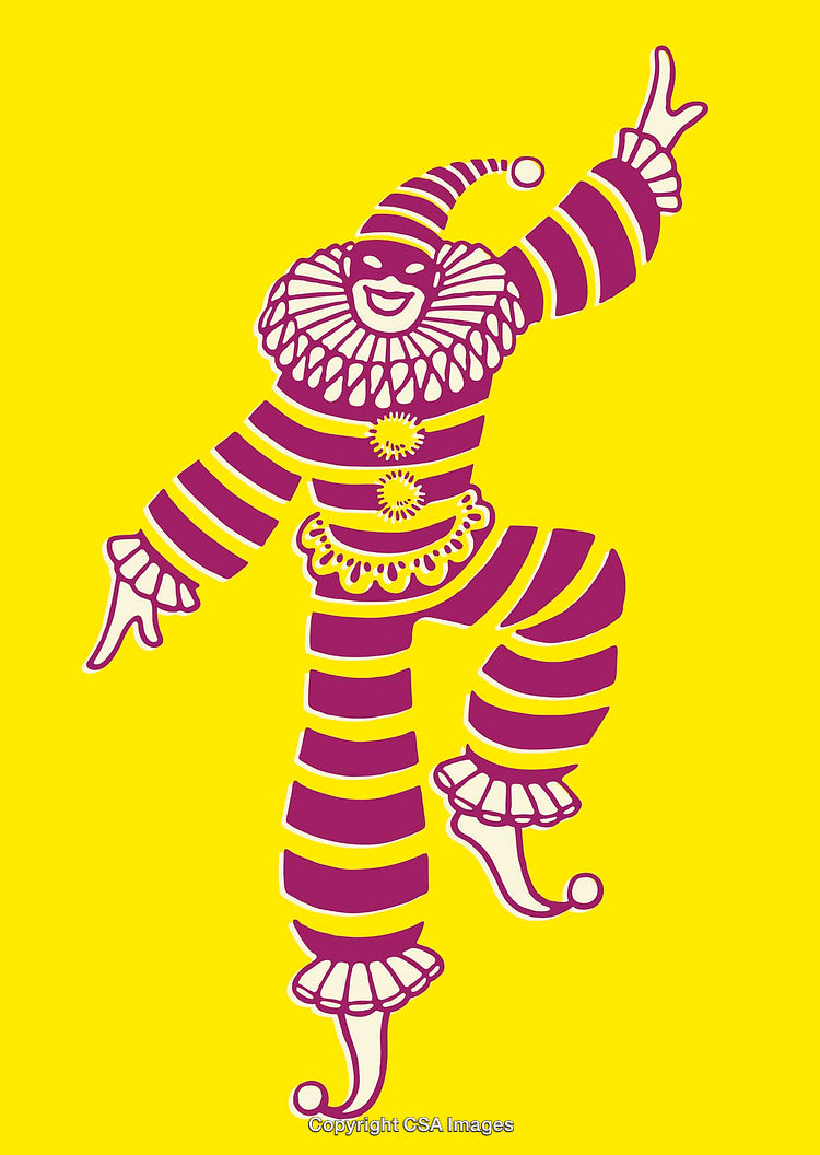 Colorful Jester Illustration in Striped Costume on a Vibrant Yellow Background