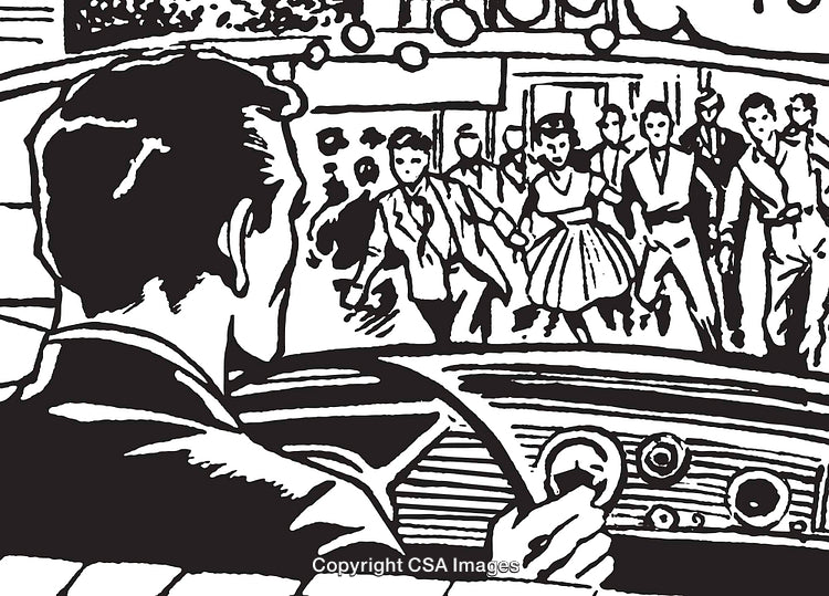 Retro Illustration of Dance Party Viewed From Car Interior in Black Lines