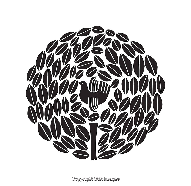 Black and White Bird Illustration with Tree and Leaf Details