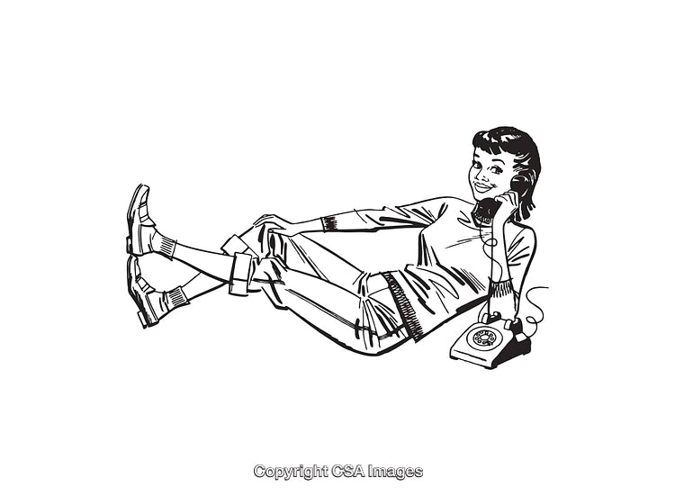 Retro Black and White Line Art of Woman With Telephone