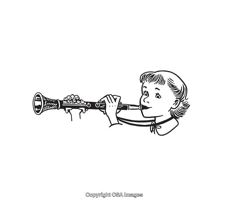 Vintage Black and White Line Art of a Girl Playing a Clarinet