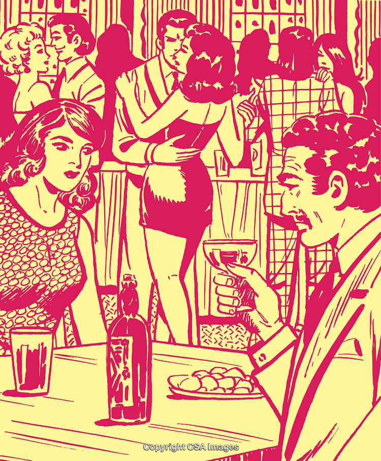 Stylized Illustration of a Social Event with Couples in a Retro Setting